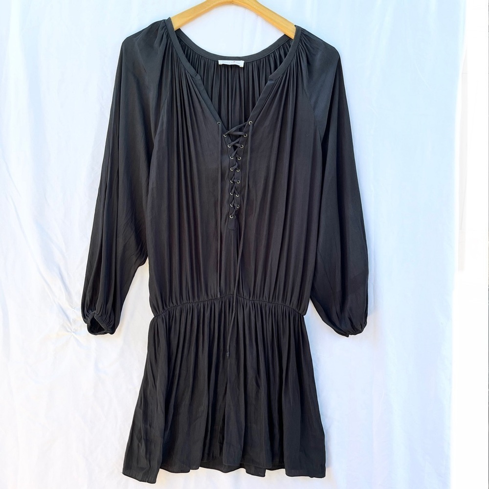 RAMY BROOK | ALLIE LACE UP LONG SLEEVE PEASANT BLOUSON MINI DRESS IN BLACK SMALL - Picture 2 of 6